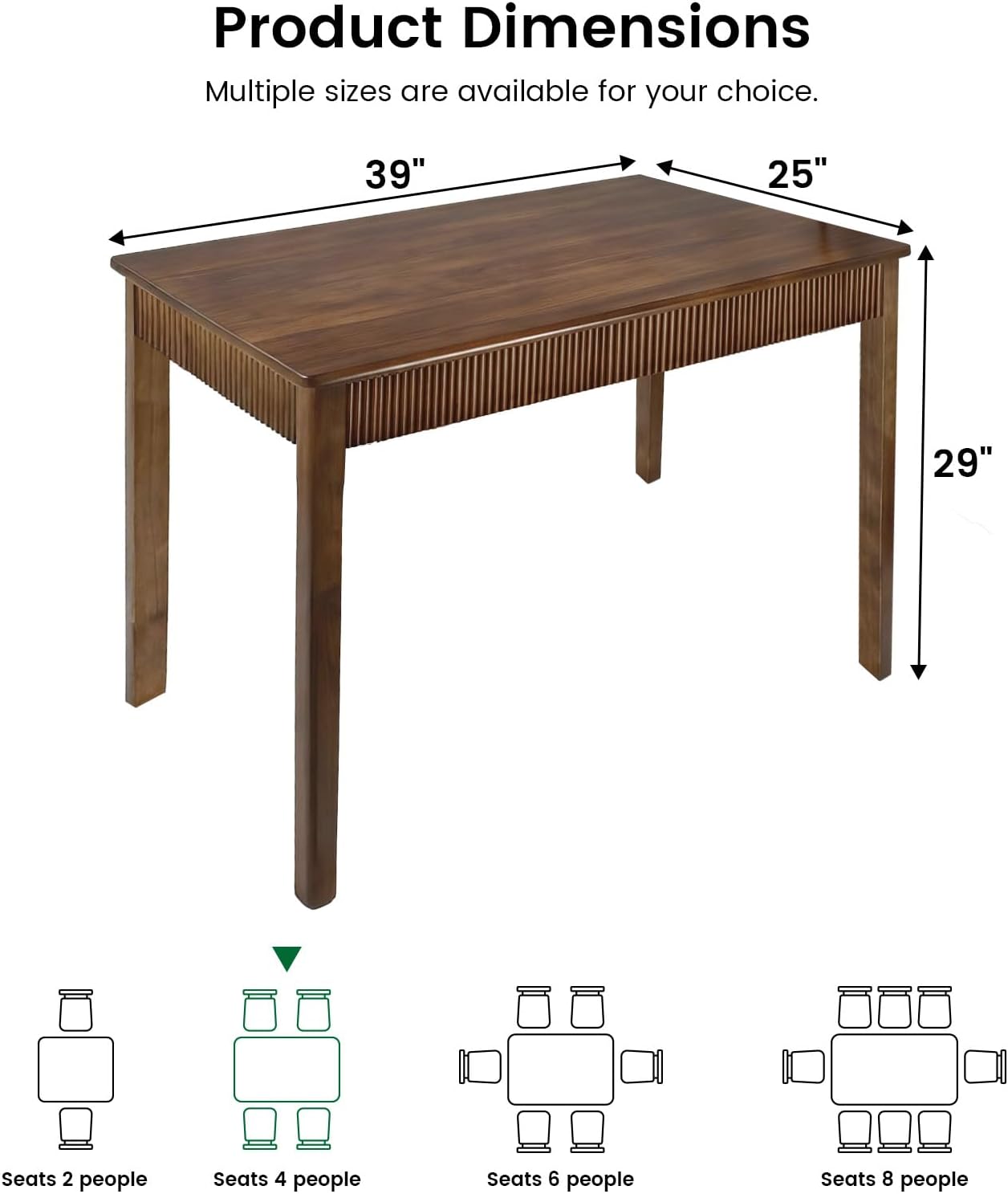 39" Solid Wood Dining Room Table for 2-4,Modern Farmhouse Rectangular Kitchen Real Wooden Table,Mid Century Fluted Design Furniture Desk for Home,Small Space,Apartment,Living Room Walnut