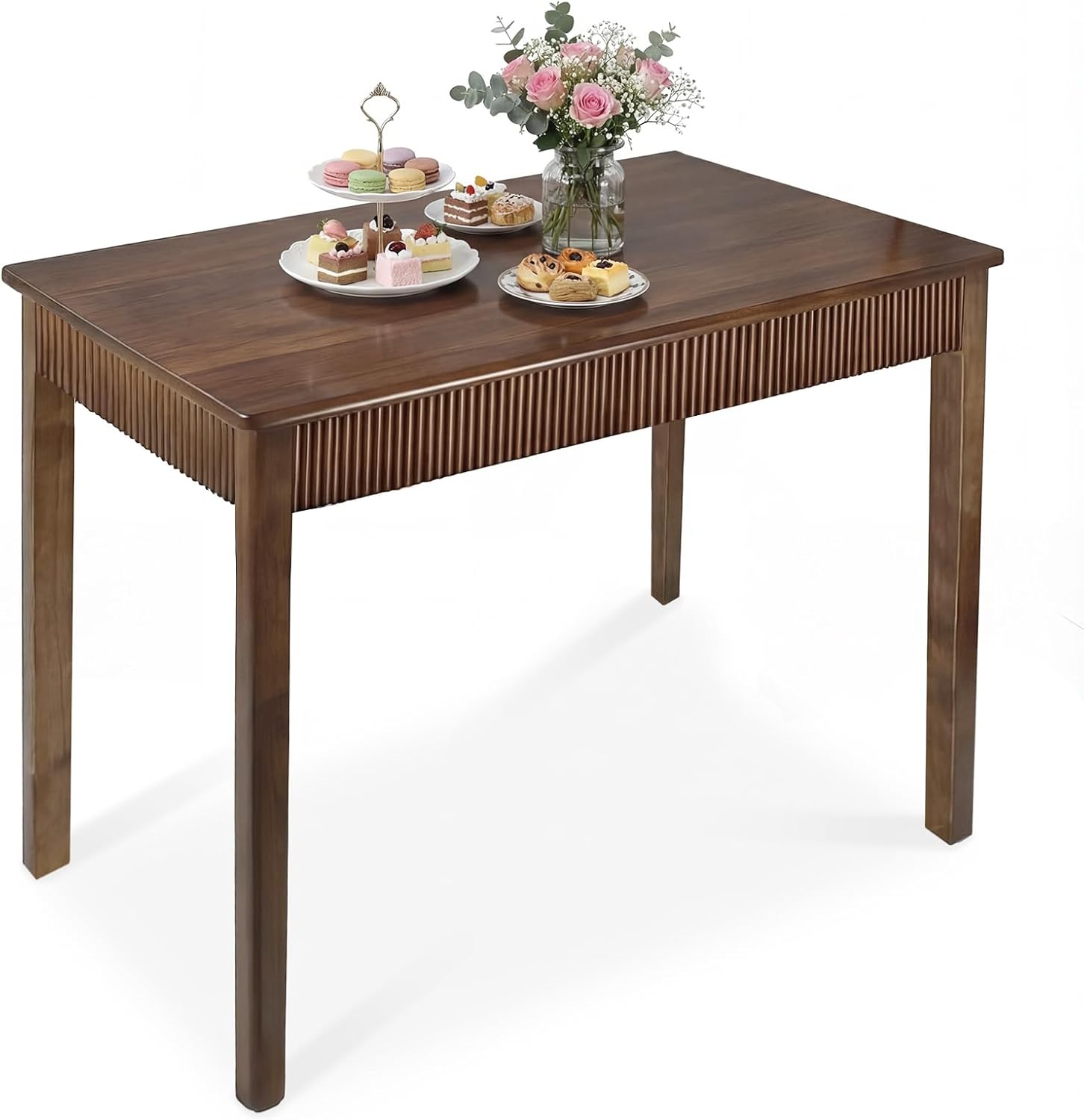 39" Solid Wood Dining Room Table for 2-4,Modern Farmhouse Rectangular Kitchen Real Wooden Table,Mid Century Fluted Design Furniture Desk for Home,Small Space,Apartment,Living Room Walnut