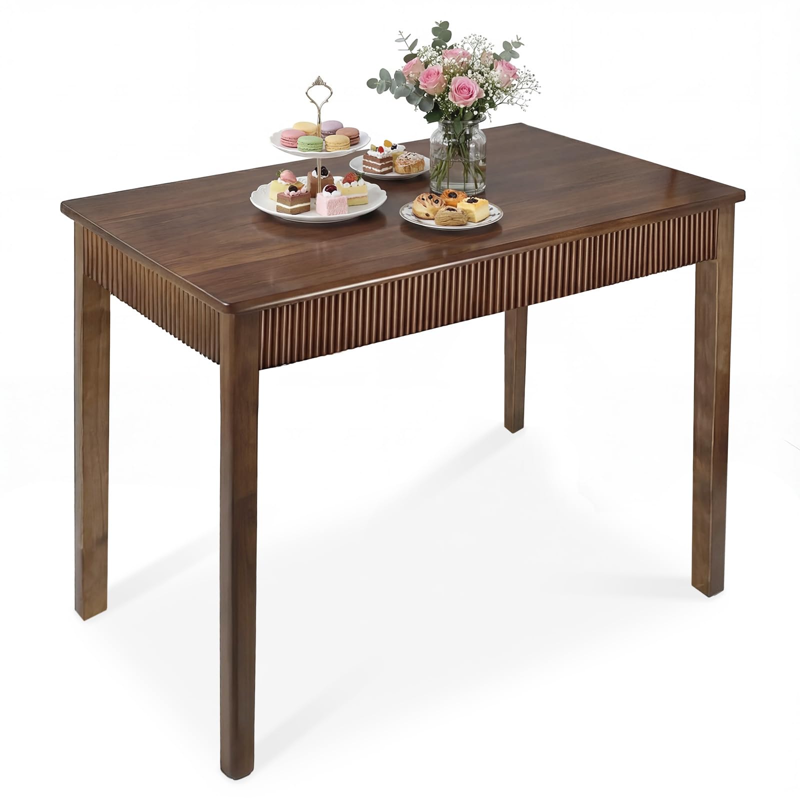 39" Solid Wood Dining Room Table for 2-4,Modern Farmhouse Rectangular Kitchen Real Wooden Table,Mid Century Fluted Design Furniture Desk for Home,Small Space,Apartment,Living Room Walnut