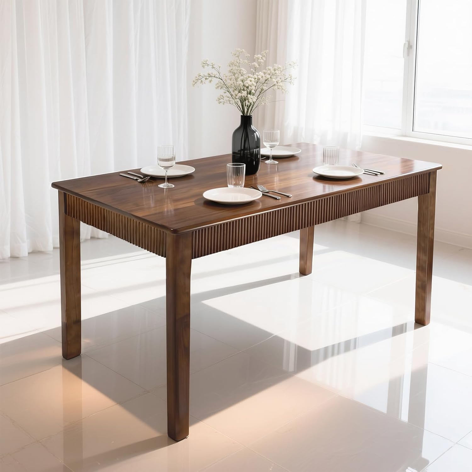 39" Solid Wood Dining Room Table for 2-4,Modern Farmhouse Rectangular Kitchen Real Wooden Table,Mid Century Fluted Design Furniture Desk for Home,Small Space,Apartment,Living Room Walnut
