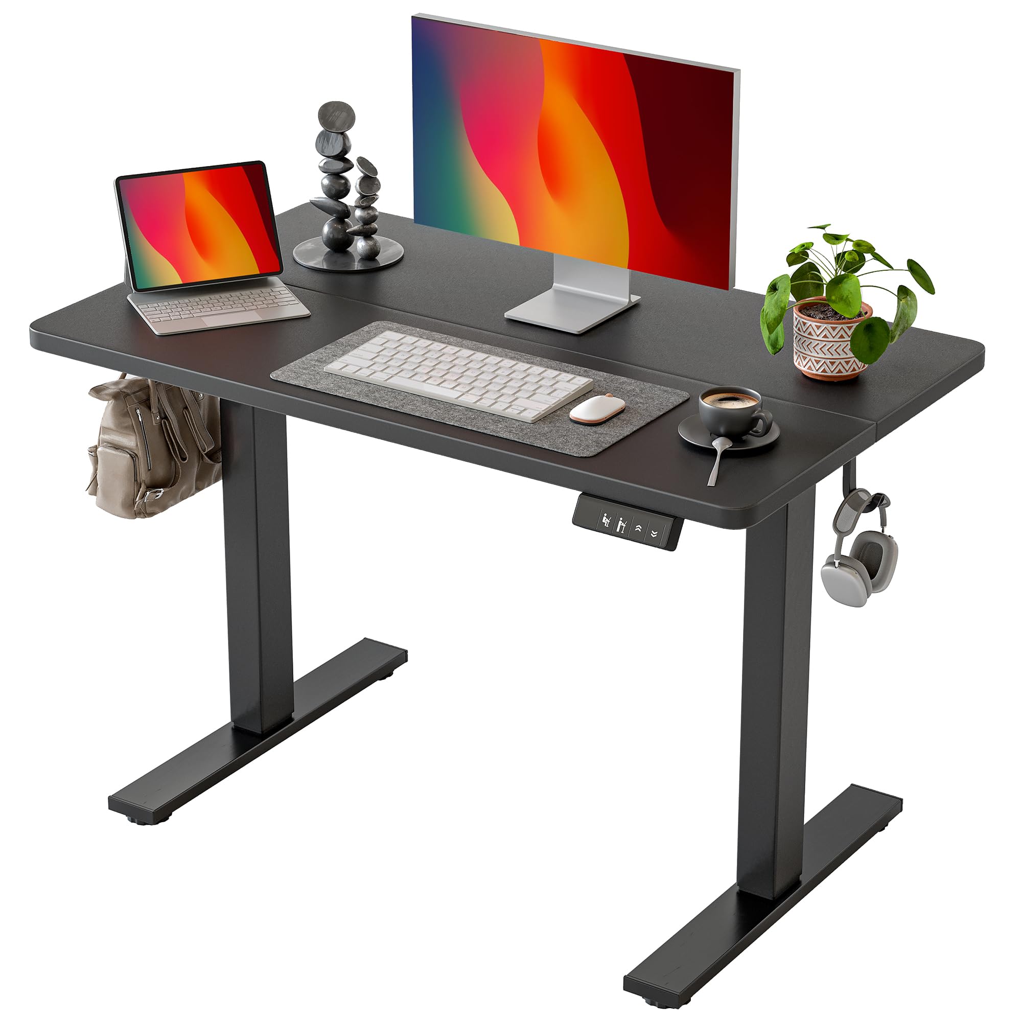 TIQLAB Electric Height Adjustable Standing Desk 47.2×23.6 inch, Sit Stand Desk with Splice Board, Memory Controller, White Frame & Maple Top Computer Workstation for Home Office