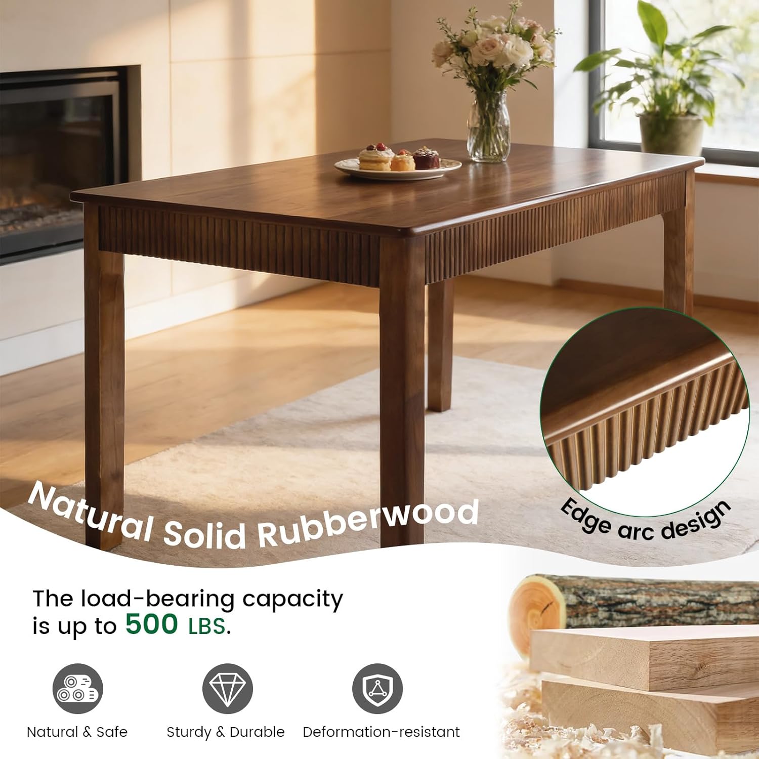 39" Solid Wood Dining Room Table for 2-4,Modern Farmhouse Rectangular Kitchen Real Wooden Table,Mid Century Fluted Design Furniture Desk for Home,Small Space,Apartment,Living Room Walnut