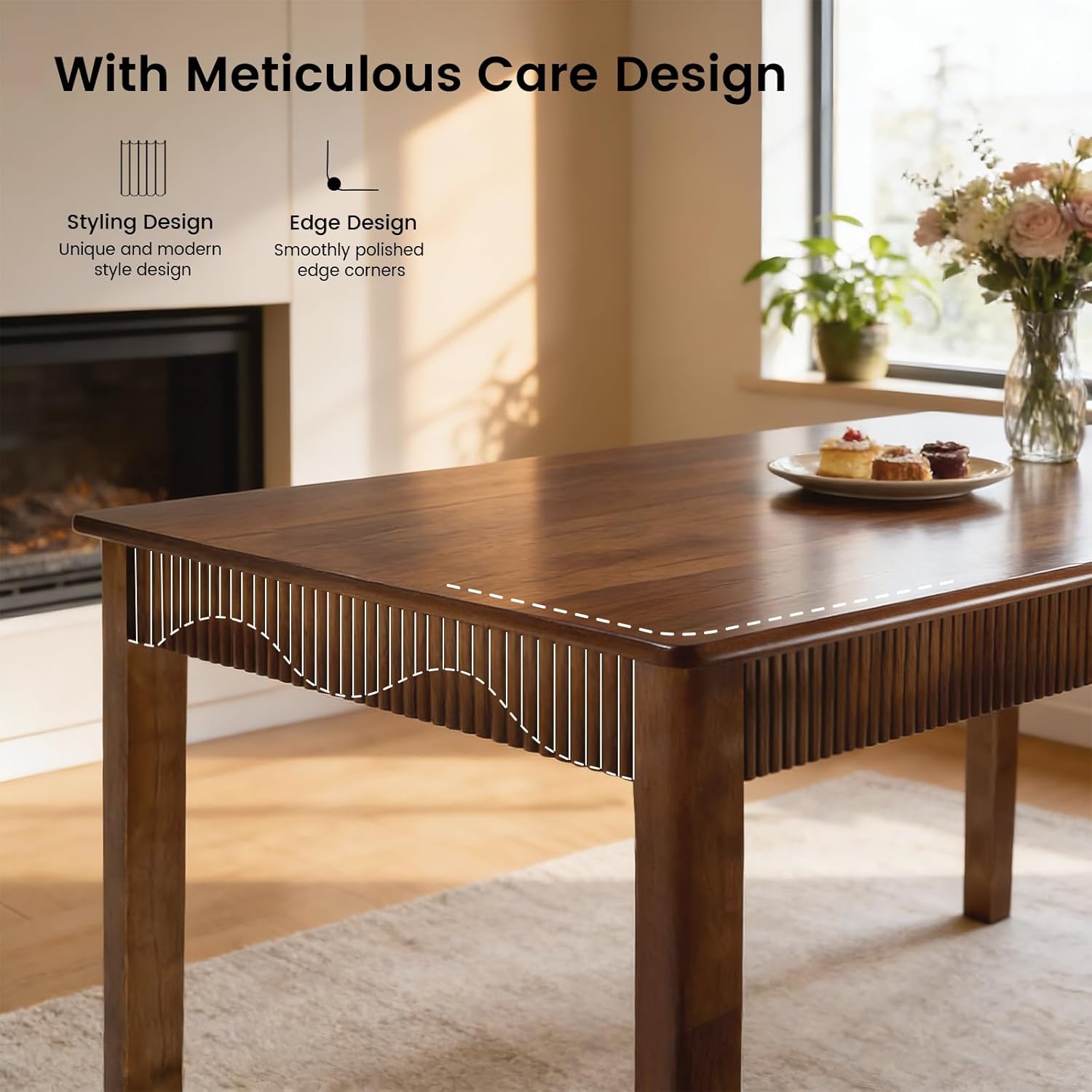 39" Solid Wood Dining Room Table for 2-4,Modern Farmhouse Rectangular Kitchen Real Wooden Table,Mid Century Fluted Design Furniture Desk for Home,Small Space,Apartment,Living Room Walnut