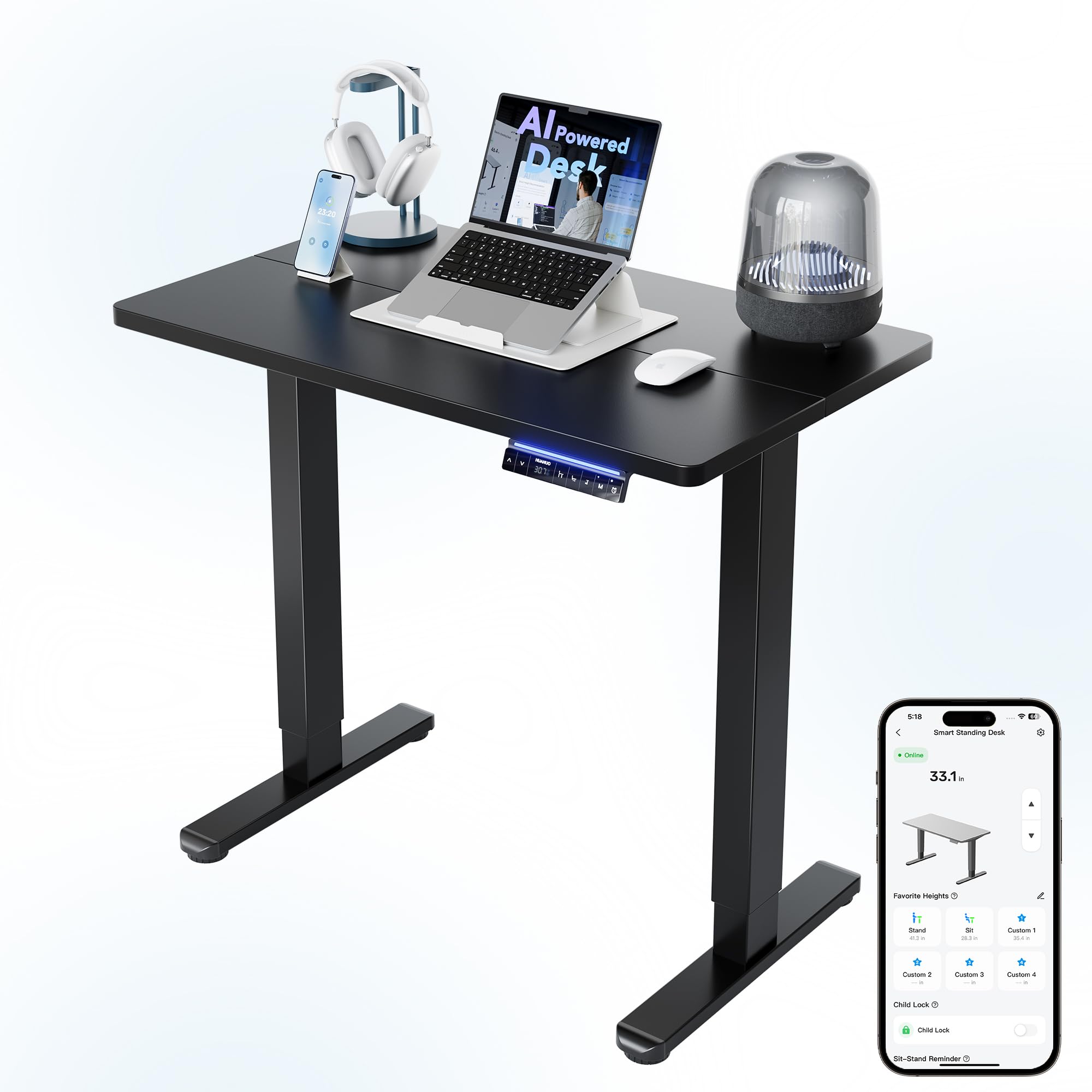 HUANUO 32" Small Electric Standing Desk Adjustable Height, 4 Memory Height Settings, Sit Stand Up Desk for Home Office & Computer Workstation, LightWalnut