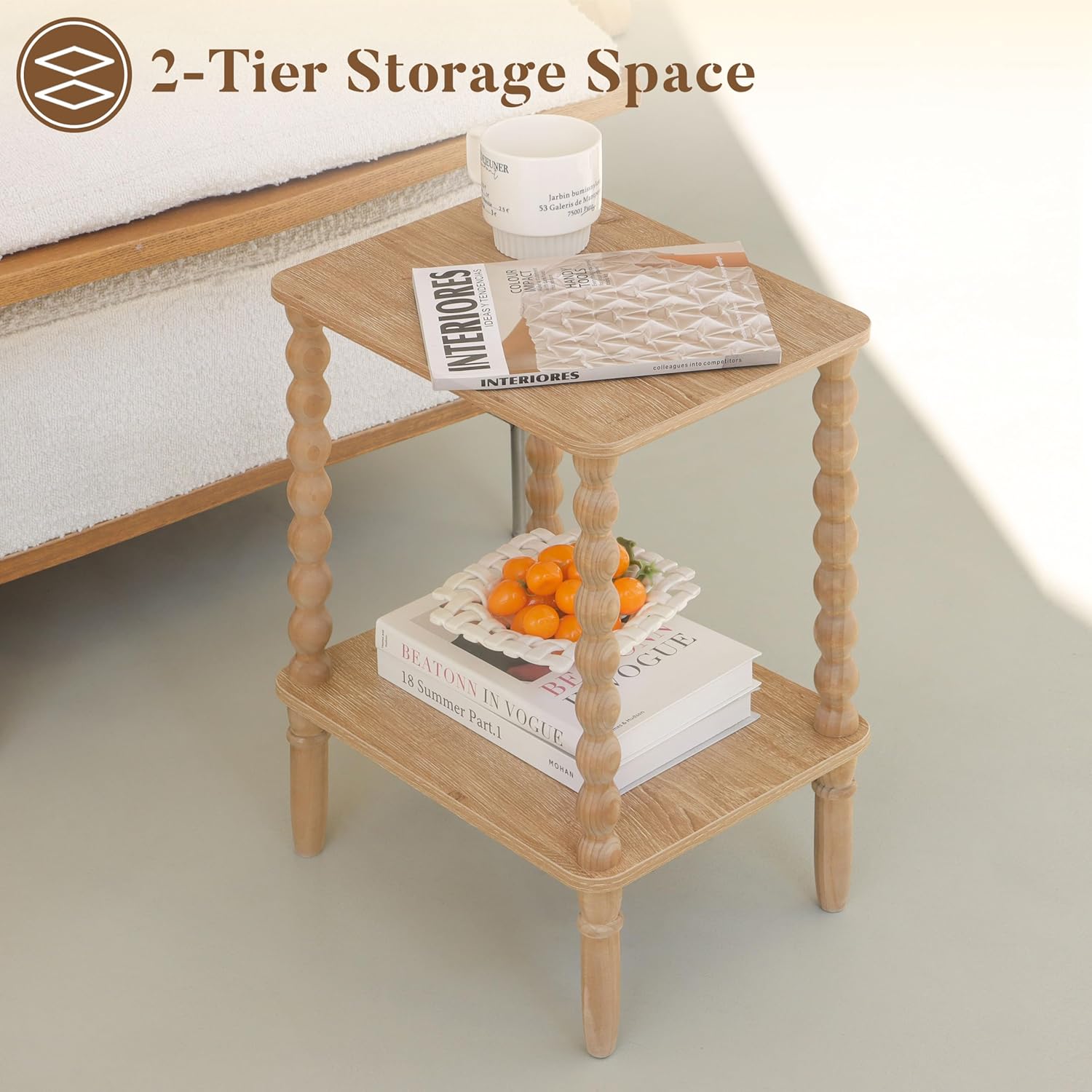 Small End Table, Couch Side Table with 2-Tier Storage Shelf, Wood Coffee Table for Bedroom, Living Room, Small Spaces (Rustic Walnut)