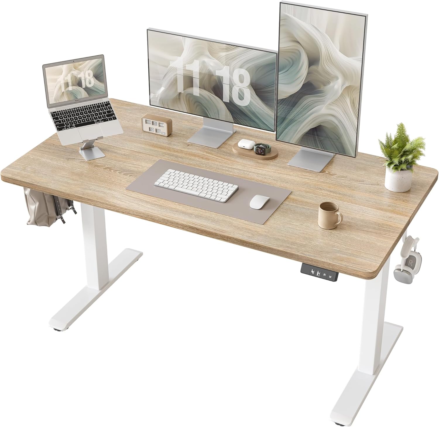 TIQLAB Electric Height Adjustable Standing Desk 47.2×23.6 inch, Sit Stand Desk with Splice Board, Memory Controller, White Frame & Maple Top Computer Workstation for Home Office