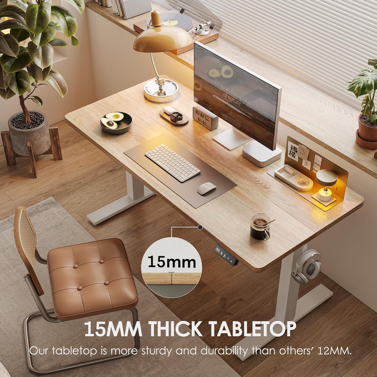 TIQLAB Electric Height Adjustable Standing Desk 47.2×23.6 inch, Sit Stand Desk with Splice Board, Memory Controller, White Frame & Maple Top Computer Workstation for Home Office